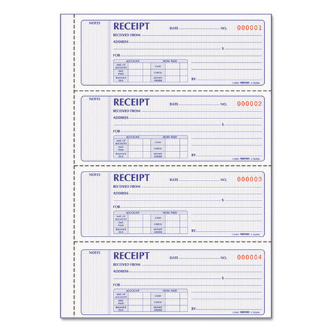 Money Receipt Book, Softcover, Two-part Carbonless, 7 X 2.75, 4 Forms/sheet, 200 Forms Total