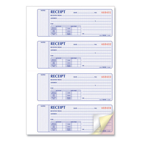 Money Receipt Book, Softcover, Three-part Carbonless, 7 X 2.75, 4 Forms/sheet, 100 Forms Total