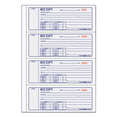 Money Receipt Book, Softcover, Three-part Carbonless, 7 X 2.75, 4 Forms/sheet, 100 Forms Total