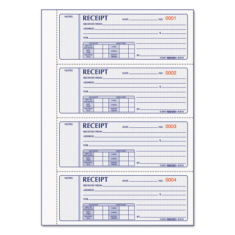 Money Receipt Book, Hardcover, Three-part Carbonless, 7 X 2.75, 4 Forms/sheet, 200 Forms Total