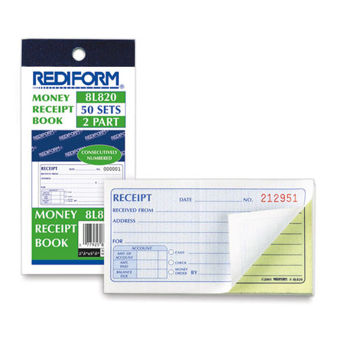 Small Money Receipt Book, Two-part Carbonless, 2.75 X 5, 50 Forms Total