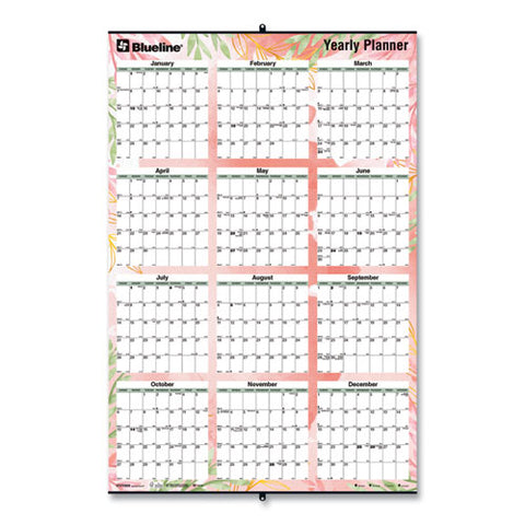 Yearly Laminated Wall Calendar, Tropical Watercolor Artwork, 36 X 24, White/sand/orange Sheets, 12-month (jan-dec): 2025