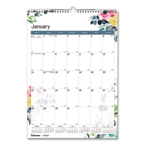 12-month Colorful Wall Calendar, Watercolor Floral Artwork, 12 X 17, White/multicolor Sheets, 12-month (jan To Dec): 2025