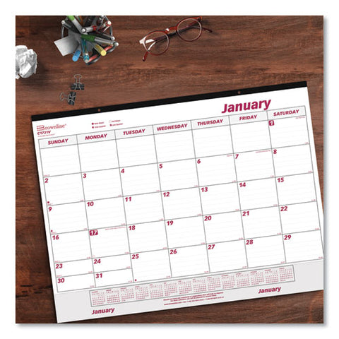 Monthly Desk Pad Calendar, 22 X 17, White/burgundy Sheets, Black Binding, Clear Corners, 12-month (jan To Dec): 2025