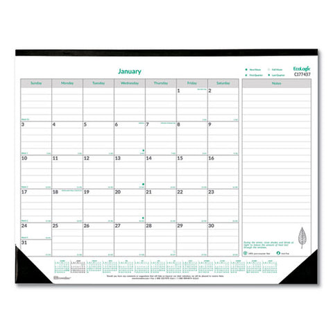 Ecologix Monthly Desk Pad Calendar, 22 X 17, White/green Sheets, Black Binding/corners, 12-month (jan To Dec): 2025