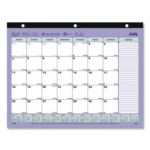 Academic 13-month Binder-insertable Desk Pad Calendar, 11 X 8.5, White/blue/green Sheets, 13-month (july To July): 2024-2025