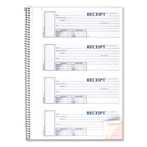 Spiralbound Unnumbered Money Receipt Book, Three-part Carbonless, 7 X 2.75, 4 Forms/sheet, 120 Forms Total