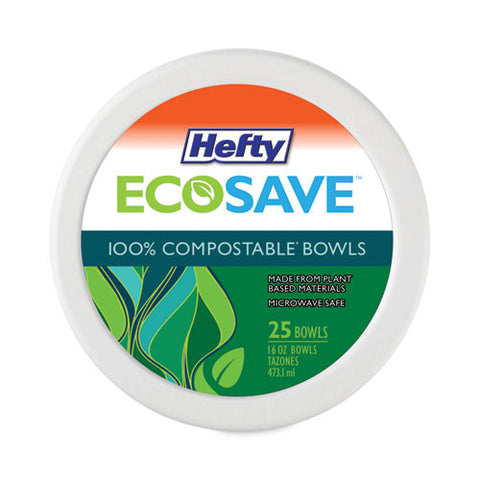 Ecosave Tableware, Bowl, Bagasse, 16 Oz, White, 25/pack