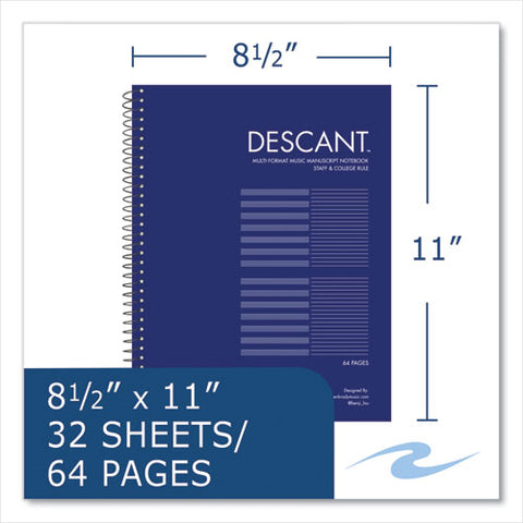 Music Notebook, Medium/college Rule, Transcription Format, Blue Cover, (32) 8.5 X 11 Sheets, 24/carton