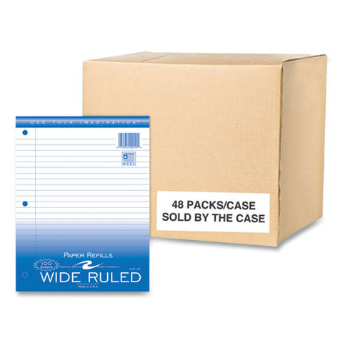 Loose Leaf Paper, 8 X 10.5, 3-hole Punched, Wide Rule, White, 100 Sheets/pack, 48 Packs/carton