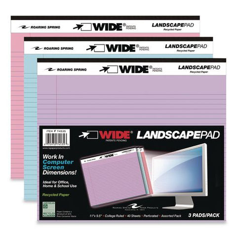 Wide Landscape Format Writing Pad, Unpunched, Medium/college Rule, Assorted Colors, (40) 11 X 8.5 Sheets, 3/pack