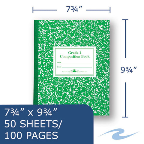 Grade School Ruled Composition Book, Grade 1 Manuscript Format, Green Cover, (50) 9.75 X 7.75 Sheets