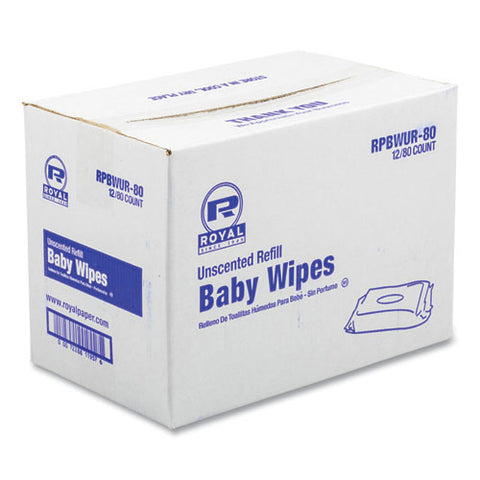 Baby Wipes Refill Pack, 8 X 7, Unscented, White, 80/pack, 12 Packs/carton