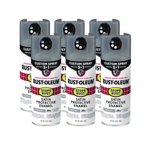 Stops Rust 5-in-1 Spray Paint, Satin Coastal Gray, 12 Oz Aerosol Can, 6/carton