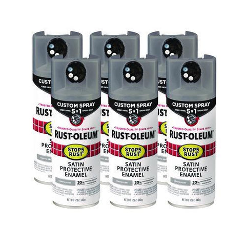 Stops Rust 5-in-1 Spray Paint, Satin Coastal Gray, 12 Oz Aerosol Can, 6/carton