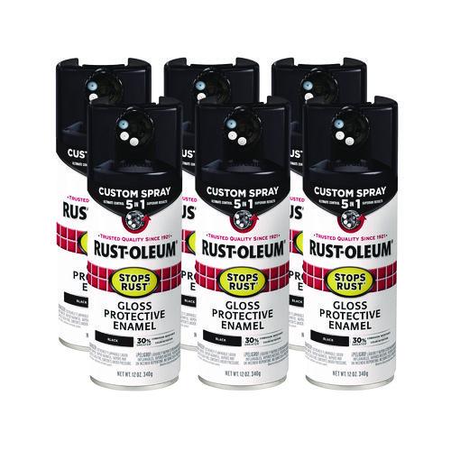 Stops Rust 5-in-1 Spray Paint, Gloss Black, 12 Oz Aerosol Can, 6/carton