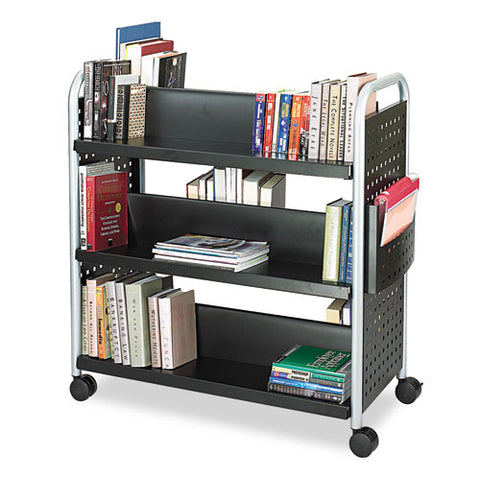 Scoot Double-sided Book Cart, Metal, 6 Shelves, 1 Bin, 41.25" X 17.75" X 41.25", Black