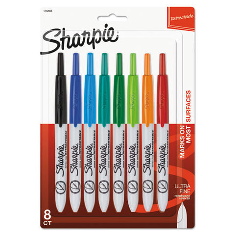 Retractable Permanent Marker, Extra-fine Needle Tip, Assorted Colors, 8/set