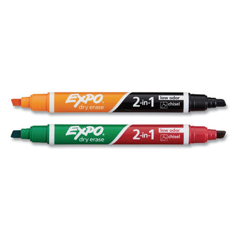 2-in-1 Dry Erase Markers, Medium Chisel Tip, Assorted Colors, 2/pack