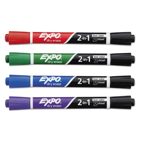 2-in-1 Dry Erase Markers, Fine/broad Chisel Tips, Assorted Primary Colors, 4/pack