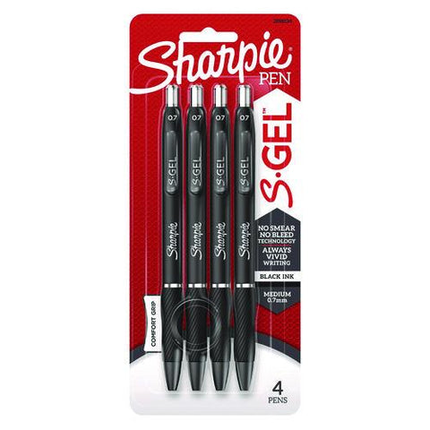 S-gel High-performance Gel Pen, Retractable, Medium 0.7 Mm, Black Ink, Black Barrel, 4/pack