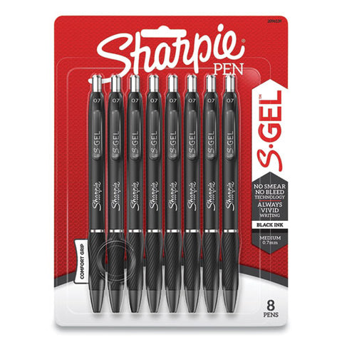 S-gel High-performance Gel Pen, Retractable, Medium 0.7 Mm, Black Ink, Black Barrel, 8/pack