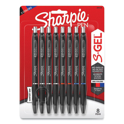 S-gel High-performance Gel Pen, Retractable, Medium 0.7 Mm, Three Assorted Ink Colors, Black Barrel, 8/pack