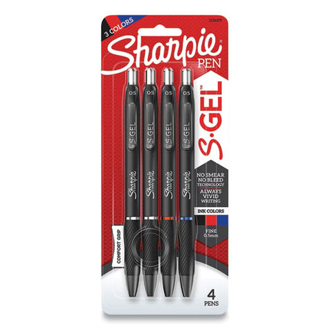 S-gel High-performance Gel Pen, Retractable, Fine 0.5 Mm, Assorted Ink Colors, Black Barrel, 4/pack