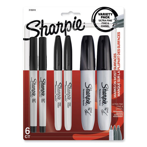 Mixed Point Size Permanent Markers, Assorted Tip Sizes/types, Black, 6/pack