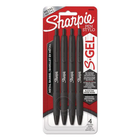 S-gel Premium Metal Barrel Gel Pen, Retractable, Medium 0.7 Mm, Black Ink, Black Barrel, 4/pack