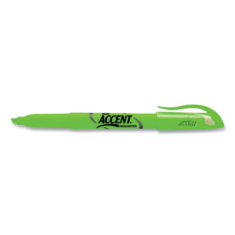 Pocket Style Highlighters, Fluorescent Green Ink, Chisel Tip, Green Barrel, Dozen