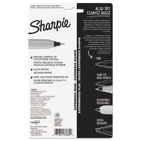 Ultra Fine Tip Permanent Marker, Ultra-fine Needle Tip, Black, 5/pack