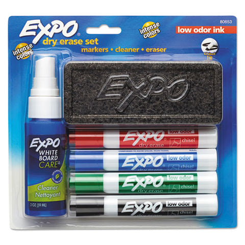 Low-odor Dry Erase Marker Starter Set, Broad Chisel Tip, Assorted Colors, 4/set