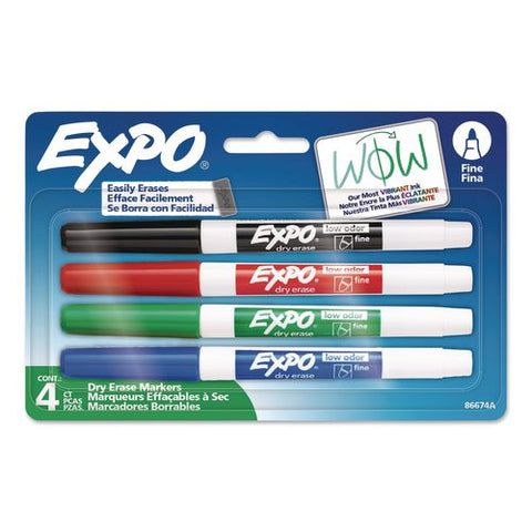 Low-odor Dry-erase Marker, Fine Tip, Assorted Colors, 4/pack