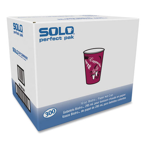 Paper Hot Drink Cups In Bistro Design, 10 Oz, Maroon, 300/carton