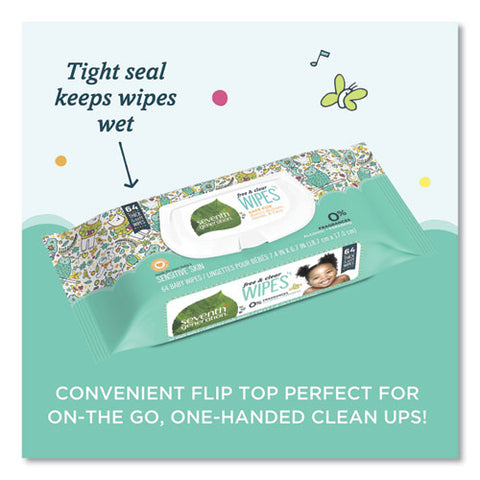 Free And Clear Baby Wipes, 7 X 7, Unscented, White, 64/flip-top Pack