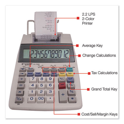 El-1750v Two-color Printing Calculator, Black/red Print, 2 Lines/sec