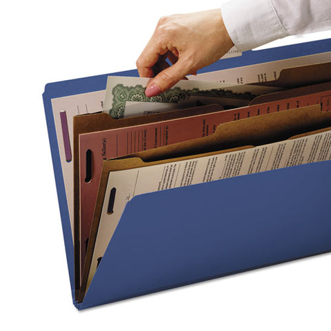 6-section Pressboard Top Tab Pocket Classification Folders, 6 Safeshield Fasteners, 2 Dividers, Letter Size, Dark Blue, 10/bx