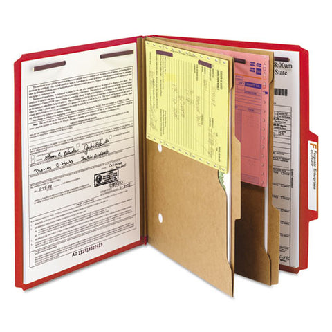 6-section Pressboard Top Tab Pocket Classification Folders, 6 Safeshield Fasteners, 2 Dividers, Letter Size, Bright Red,10/bx
