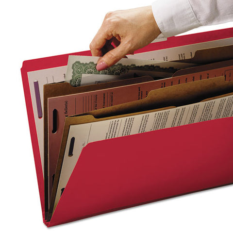 6-section Pressboard Top Tab Pocket Classification Folders, 6 Safeshield Fasteners, 2 Dividers, Letter Size, Bright Red,10/bx