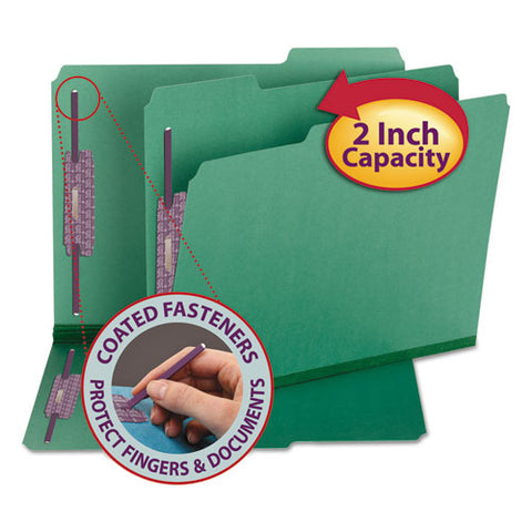 Colored Pressboard Fastener Folders With Safeshield Coated Fasteners, 2" Expansion, 2 Fasteners, Letter Size, Green, 25/box