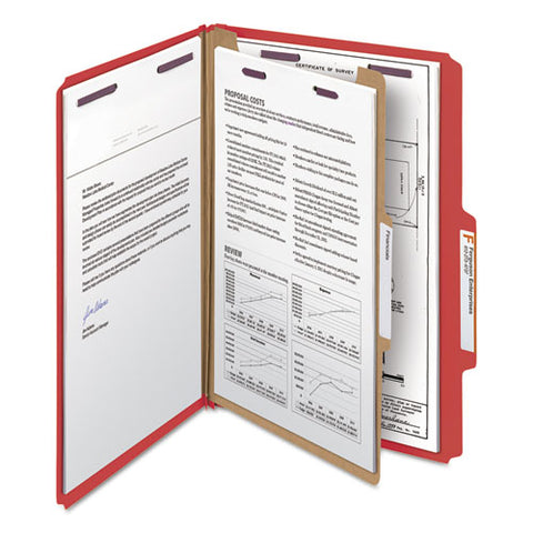 Four-section Pressboard Top Tab Classification Folders, Four Safeshield Fasteners, 1 Divider, Legal Size, Bright Red, 10/box
