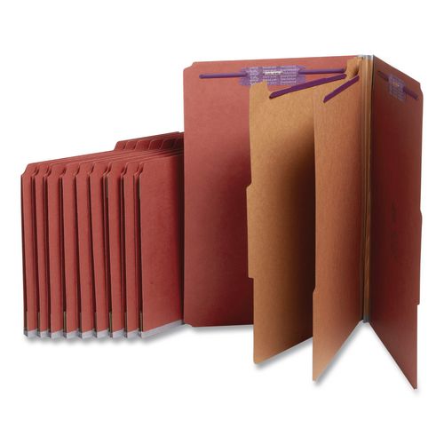 Pressboard Classification Folders, Six Safeshield Fasteners, 2/5-cut Tabs, 2 Dividers, Legal Size, Red, 10/box