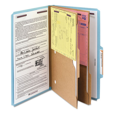 6-section Pressboard Top Tab Pocket Classification Folders, 6 Safeshield Fasteners, 2 Dividers, Legal Size, Blue, 10/box