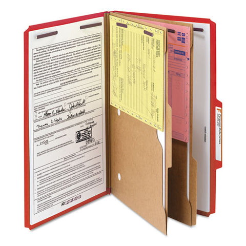 6-section Pressboard Top Tab Pocket Classification Folders, 6 Safeshield Fasteners, 2 Dividers, Legal Size, Bright Red, 10/bx