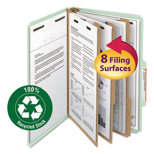 Recycled Pressboard Classification Folders, 3" Expansion, 3 Dividers, 8 Fasteners, Legal Size, Gray-green, 10/box