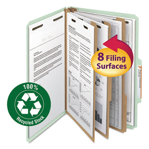 Recycled Pressboard Classification Folders, 3" Expansion, 3 Dividers, 8 Fasteners, Legal Size, Gray-green, 10/box