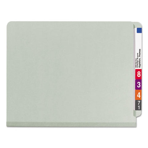 End Tab Pressboard Classification Folder, Eight Safeshield Fasteners, 3" Expansion, 3 Dividers, Letter Size, Gray-green,10/bx