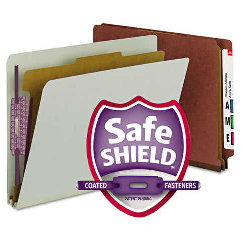 End Tab Pressboard Classification Folders, Four Safeshield Fasteners, 2" Expansion, 1 Divider, Letter Size, Red, 10/box
