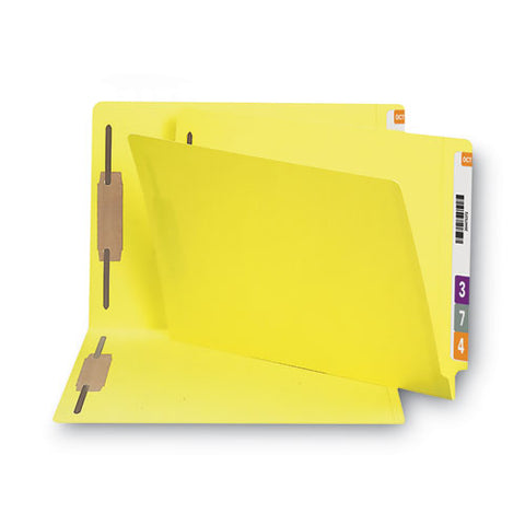 Heavyweight Colored End Tab Fastener Folders, 0.75" Expansion, 2 Fasteners, Legal Size, Yellow Exterior, 50/box